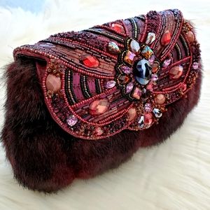 MARY FRANCES Beaded Blingy Clutch Burgundy Fur